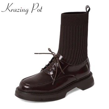 

Krazing Pot 2020 vintage British style round toe med heel knitting boots cross-tied high street fashion lace up ankle boots L98