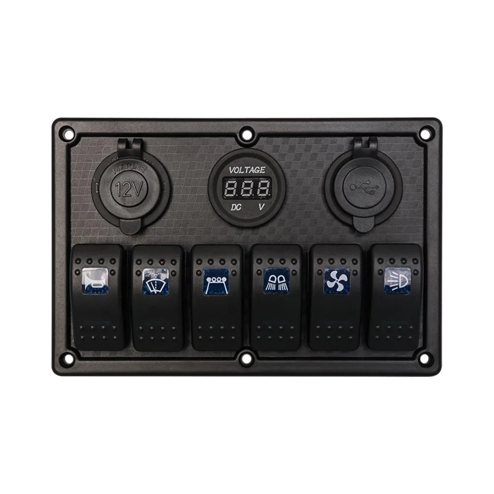 

Boat Car RV Dual 2.1A USB Socket 12V Voltmeter 6-gang Waterproof Marine Switch Panel