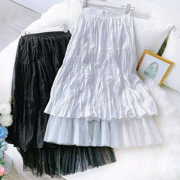 

2020 Two Layer Women Summer White Long Skirt High Waist Mesh Patch Women Boho Skirt Faldas Jupe Femme Saia