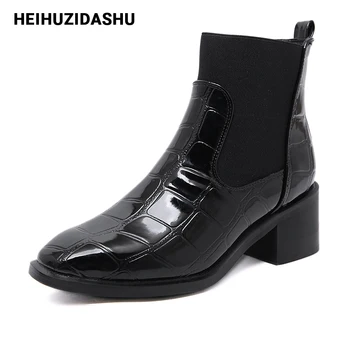 

2019 Women Ankle Spring/Autumn Boots PU Leather Pattern Pointed Toe Thin High Heels Shoes Sexy Fashion Chelsea Boots
