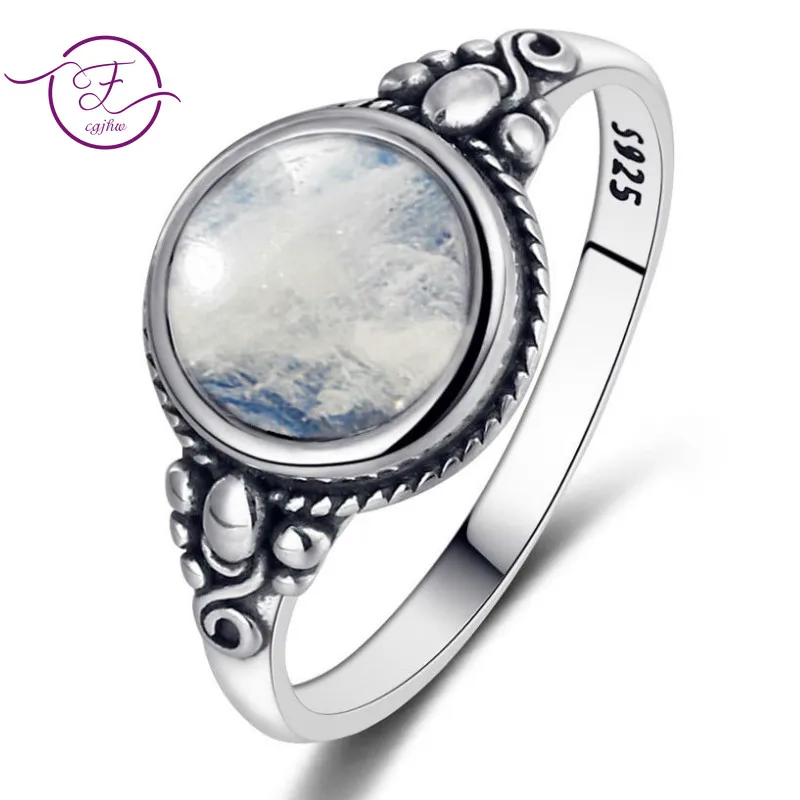 Men And Women 925 Sterling Silver Jewelry Ring Round 8MM Natural Moonstone Ring Bohemian Style Engagement Wedding Party Gift silver rings silver ring wedding rings