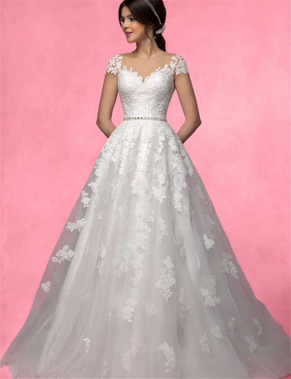 

vestidos de novia Lace Wedding Dresses With Short Sleeves Open Back Lace robe de soiree bohemian wedding dress