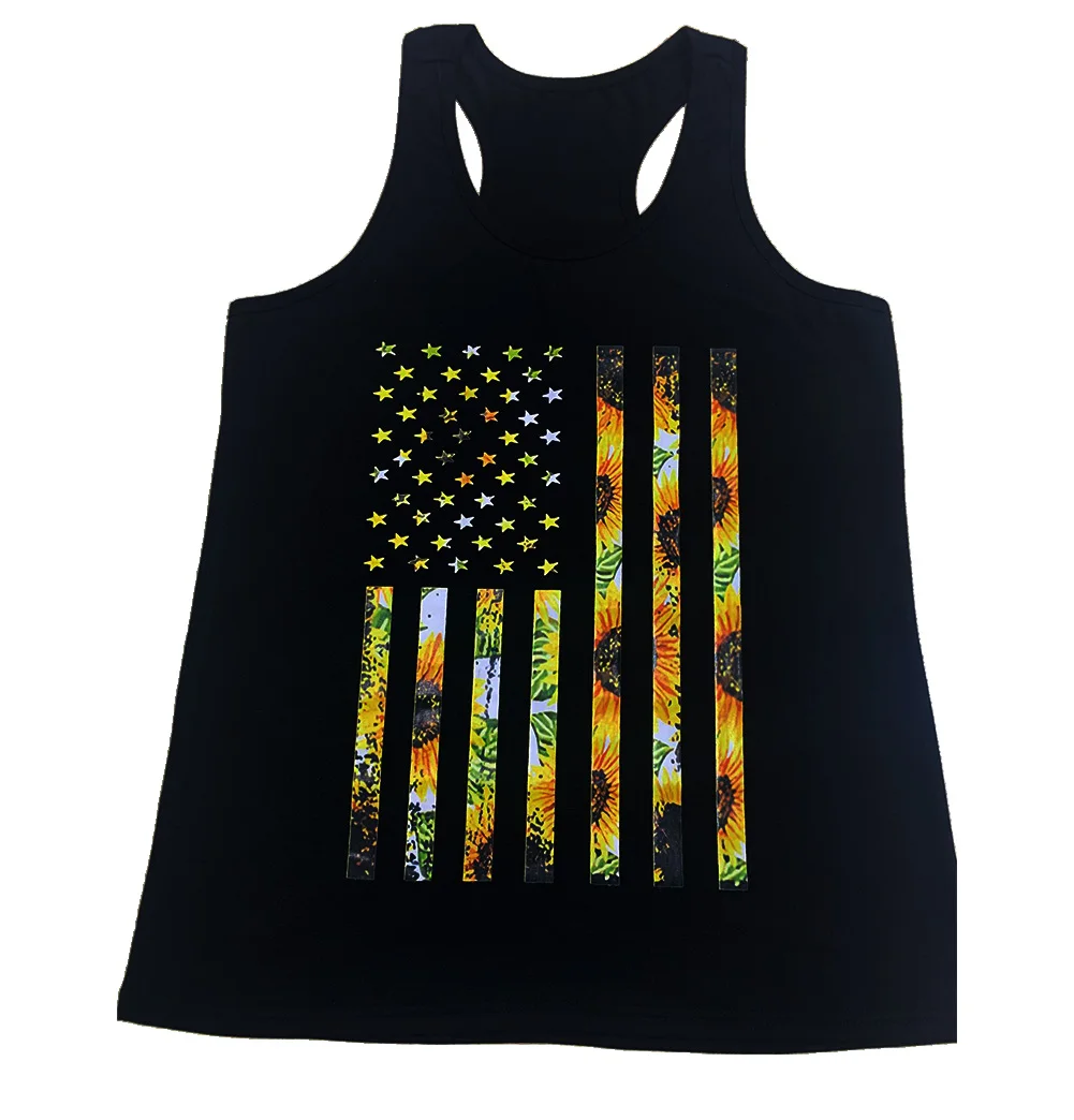 Ghazzi Womens Tank Tops Sunflower Print American Flag O-Neck Vest Top Summer Casual Racerback Loose Sleeveless Tank Tops
