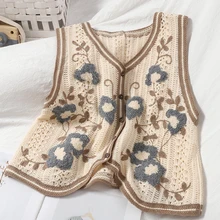 

Vests Women Chic Sweet Retro Single Breasted V-neck Ladies Cropped Outwear All-match Hollow Out Design Floral Female Clothing