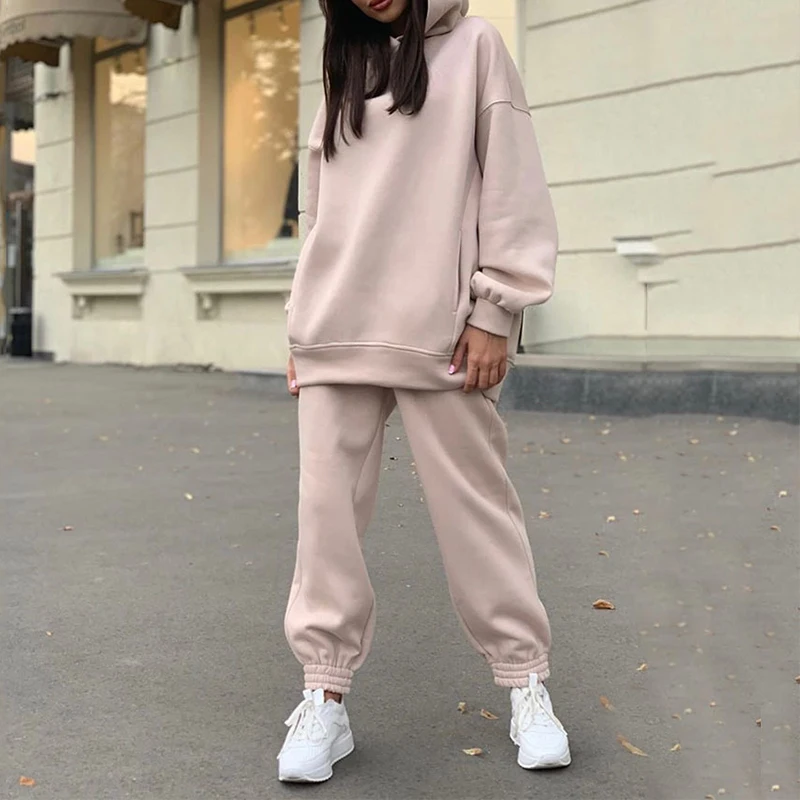 

Two Piece Set Casual Fleece Tracksuit Women Winter 2021 Women's Sets Oversized Hooded Long Sleeve Hoodie Sport Pants Lady Suit