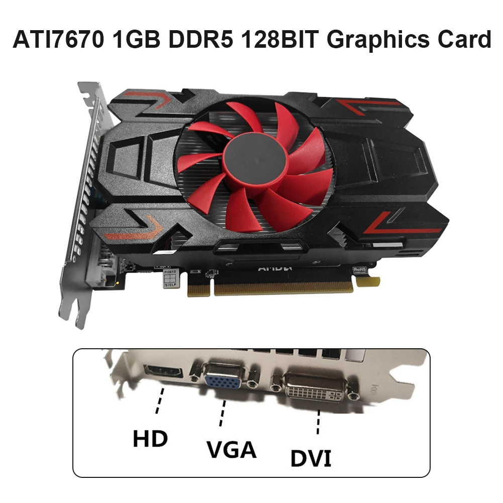 ATI7670 1GB DDR5 128Bit Computer Discrete Graphics Video Card with Red Cooling Fan Video Cards Accessories for Desktop Computer