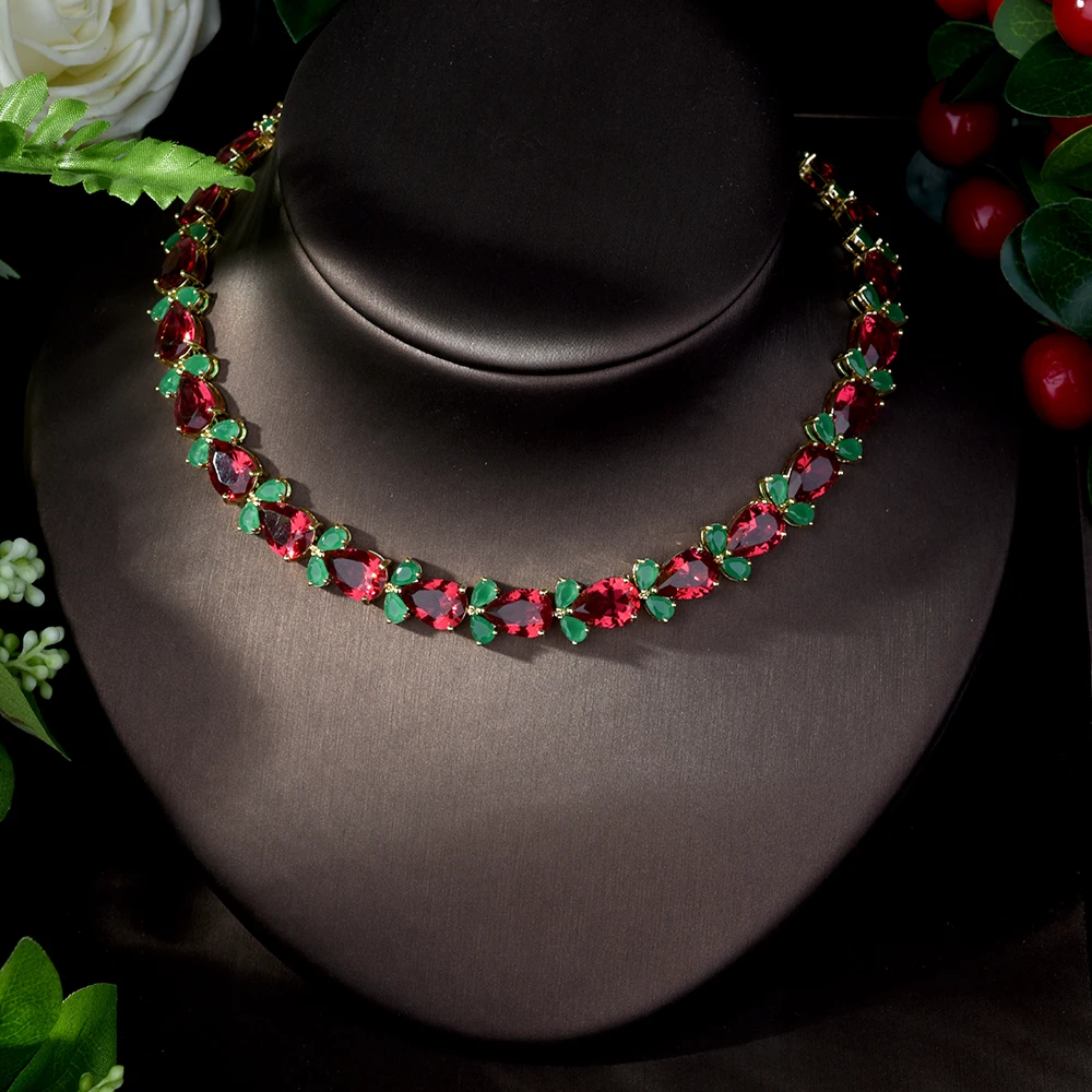 Hiневесты капли воды зеленый красный набор украшений для женщин Свадебные с кубическим Цирконом обручальные серьги и ожерелье набор parure bijoux N-1076