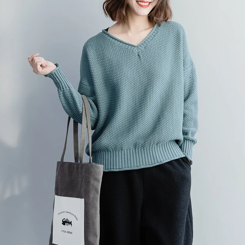 blue-grey Женский однотонный пуловер NINI WONDERLAND, повседневный трикотажный свитер свободного покроя из хлопка с V-образным воротом, больших размеров, на осень-зиму - Цвет: blue-grey