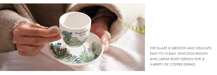 Northern Europe Fresh Style 90ml Espresso Cup Set With Tray Monstera Leaf Frost Small Italian Black Coffee Mug Taza Tasse Xicara
