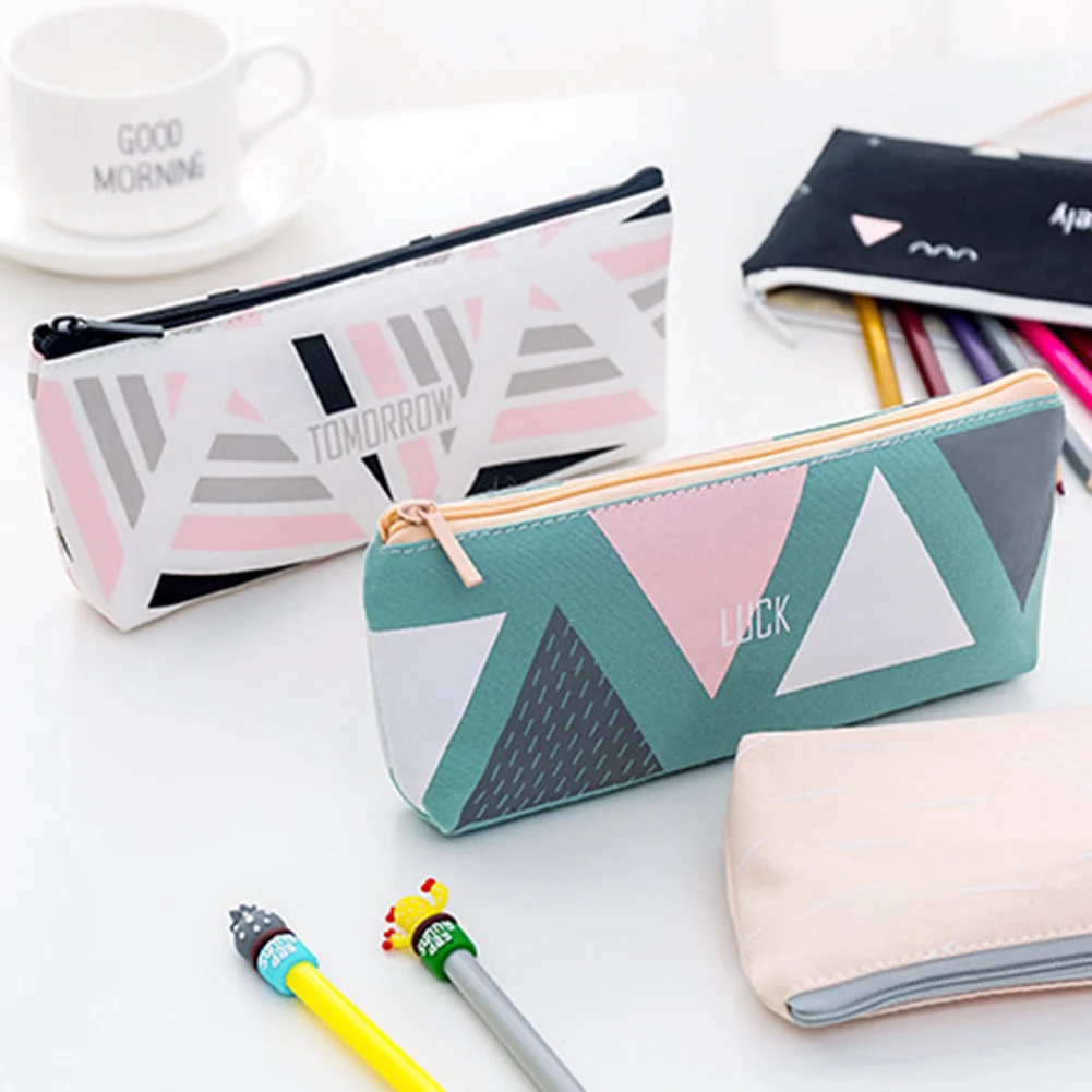 Durable Soft Lightweight Geometric English Letter Canvas Large capacity Pen Bag Pencil Case Stationery Storage Pouch