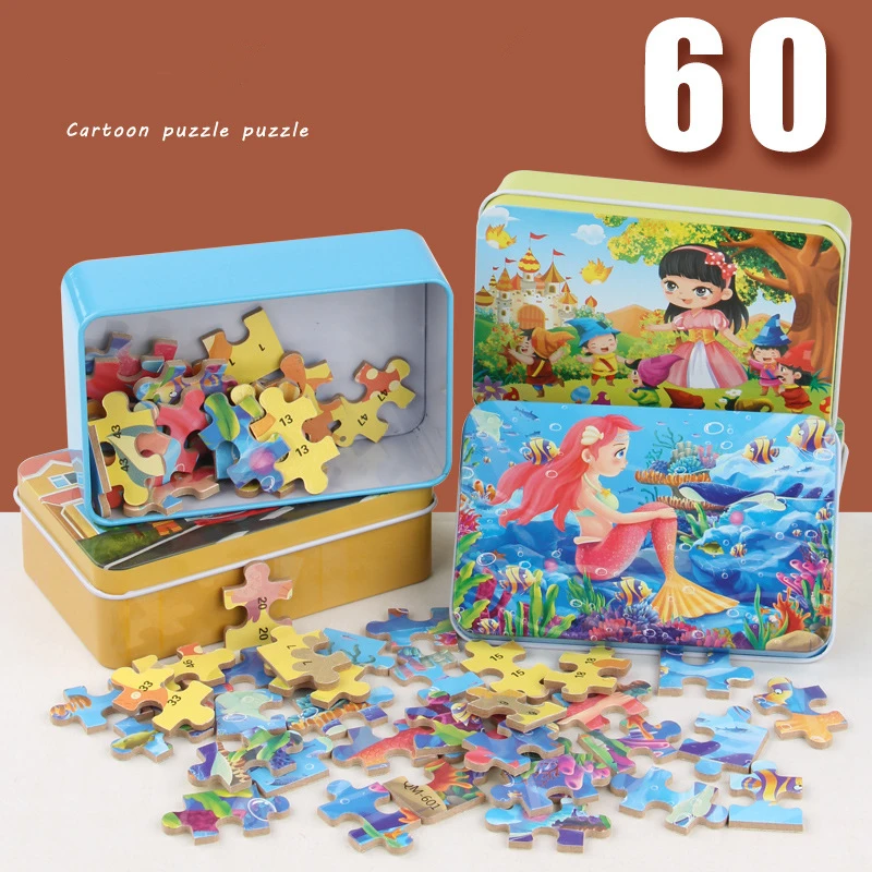 60 штук, деревянные игрушки-головоломки с железной коробкой, мультяшные персонажи животных, деревянные пазлы, развивающие игрушки, детские игрушки на день рождения, подарок