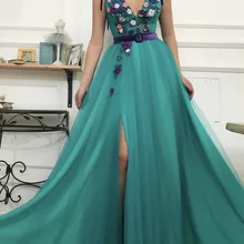 Длинное платье для выпускного вечера,, с высоким разрезом, Vestidos De Gala, v-образный вырез, а-силуэт, тюль, цветы, пояс, длина до пола, вечерние платья