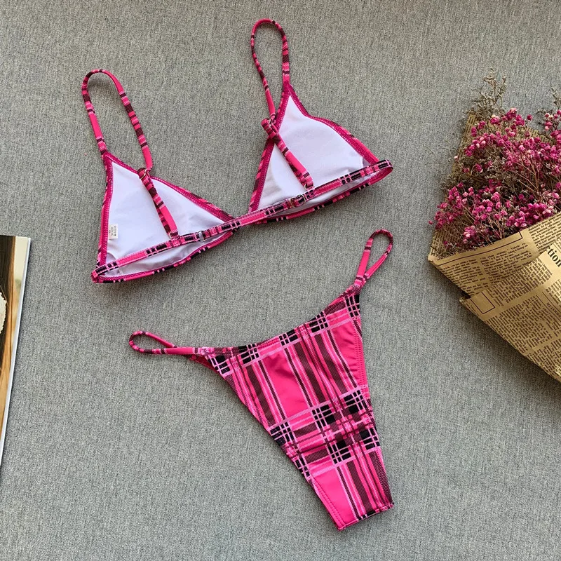 Melphieer розовый плед бикини Bralette набор женский купальник на тонких бретельках купальник сексуальный купальный костюм подушечки бикини пляжный Монокини