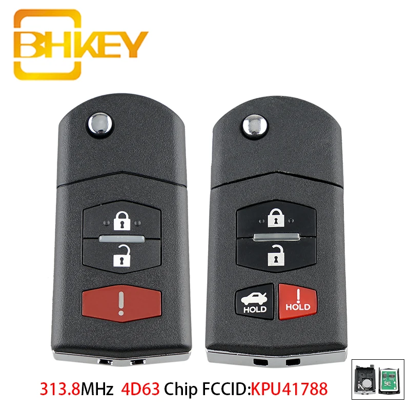 BHKEY KPU41788 FLIP SMART CAR KEY FOR MAZDA 6 SEDAN RX-8 2005 2006 2007 2008 CAR REMOTE KEY FOB 313.8MHZ 4D63 CHIP 3/4BUTTONS