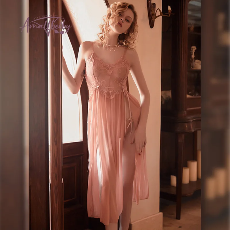 Sexy Women's Sleepwear Mesh Perspective Lace Sling Long Nightdress Thin Homewear Nightwear Sleeveless Nightgown Night Dress