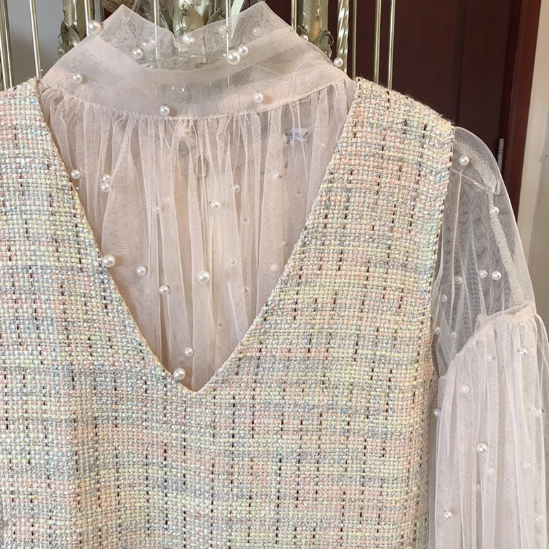 RICININA, сетчатая женская блузка с круглым вырезом и рукавом-фонариком, женская рубашка с бисером, Весенняя Повседневная Милая однотонная женская блузка и топы