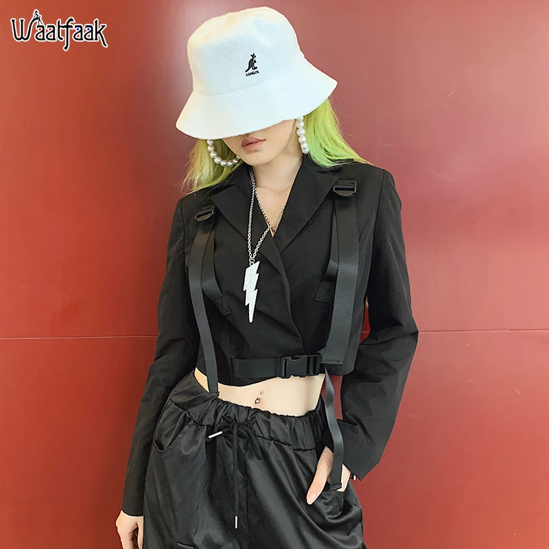 

Waatfaak Casual Turn-down Collar Autumn Jacket Women 2019 Buckle Patchwork Harajuku Korean Jacket Ladies High Street Coat Spring