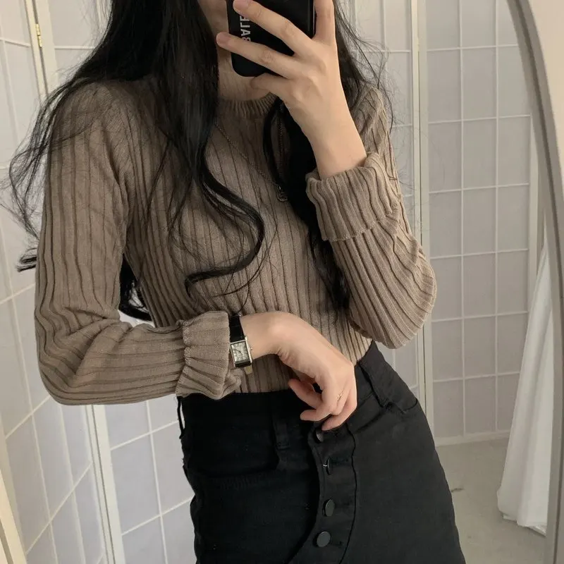 Woherb Pull Femme с круглым вырезом и длинными рукавами, однотонные полосатые трикотажные свитера, пуловеры, винтажный Обтягивающий джемпер, Повседневная мода 90824