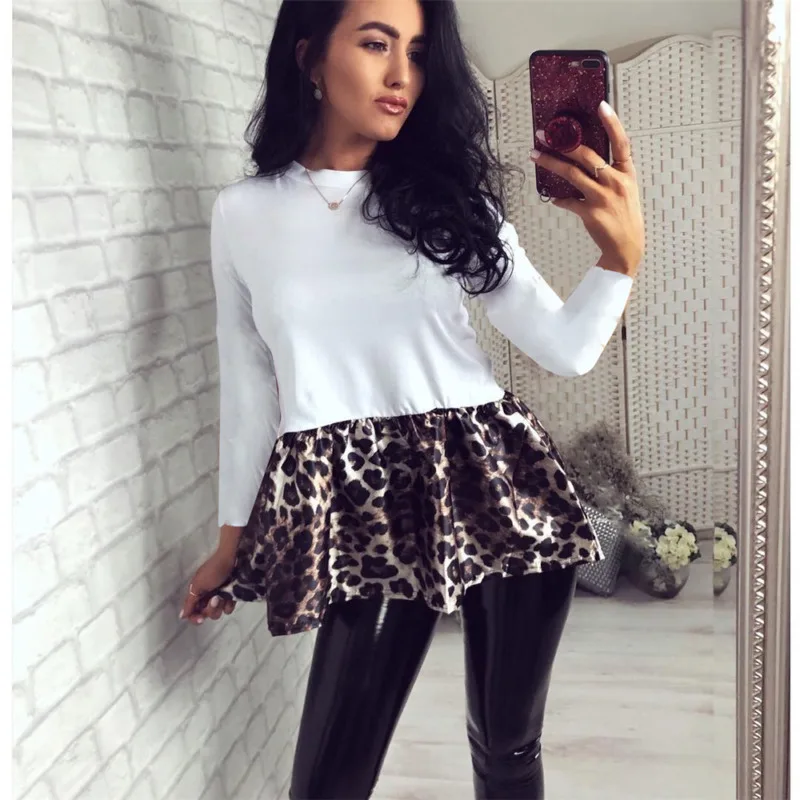 

Women Autumn Long Sleeve T Shirt Ladies Casual Top Loose Ladies Leopard Patchwork Top T-shirt 2019 New Ruffles Female Clothing