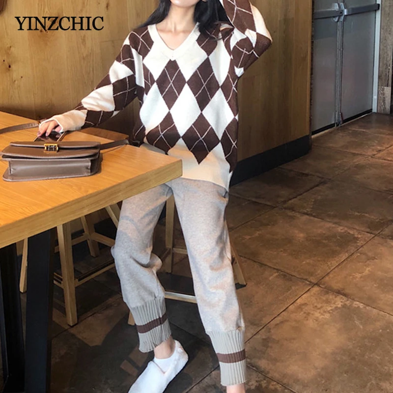 

2019 Winter Woman Knitted Suits Loose Sweater + Pants Sets for Woman Thick Warm Knitted Two-pieces Sets New
