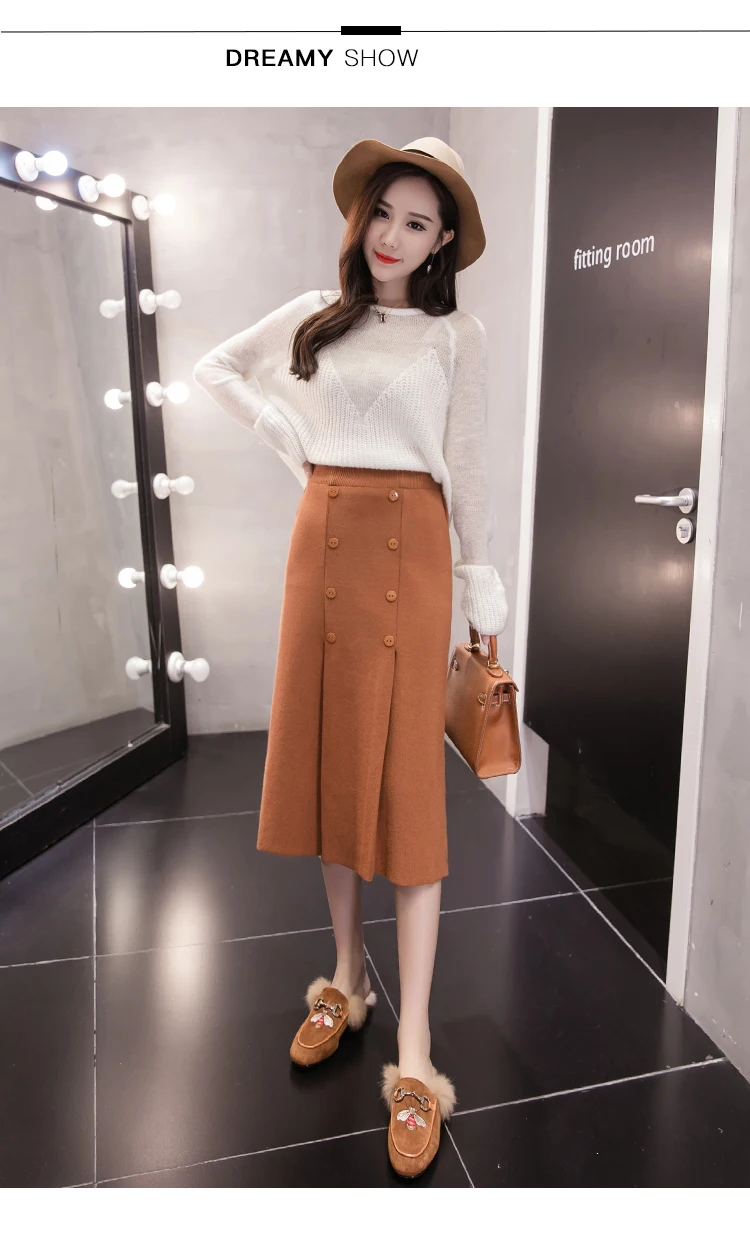 High Waist Stretch Knitted Skirt Women Elegant Double breasted Straight Long Skirts Female Autumn Winter Vintage Pleated Skirt