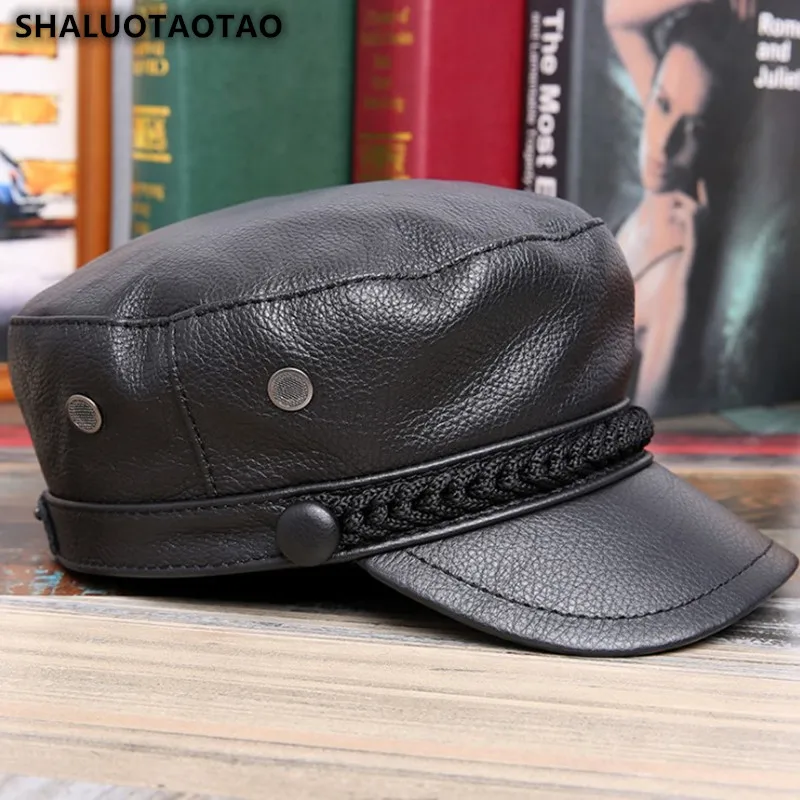 

SHALUOTAOTAO Genuine Leather Hat For Women Autumn Winter New Fashion Cowhide Military Hats Personality Ladies Brands Flat Caps