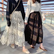 Длинные юбки для женщин, шифоновая юбка макси с цветочным принтом и высокой талией,, винтажная уличная одежда, женские юбки s, женские корейские черные юбки