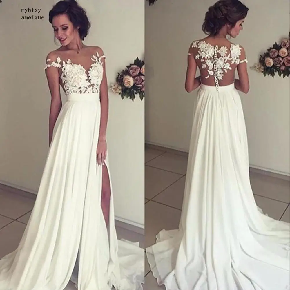 Пляжные платья Vestido De Noiva дешевые сексуальные свадебные платья а-силуэта с рукавами-крылышками шифоновое кружевное свадебное платье в богемном стиле Свадебные платья