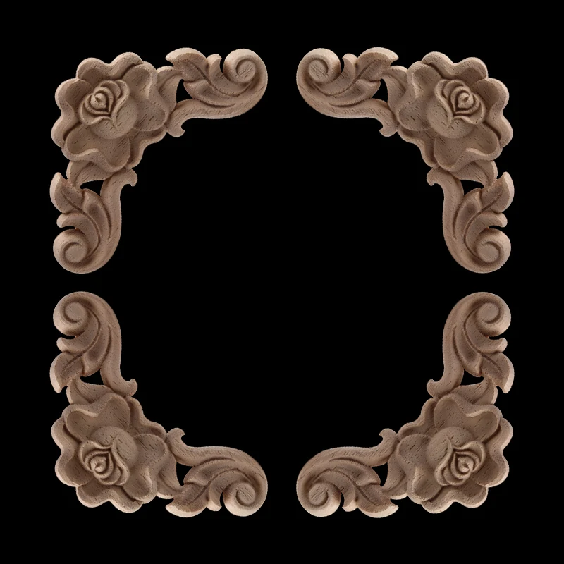 Carved Unpainted European Long Floral Leaves Rubber Wood Furniture Window Corner Wood Applique Onlay Figurines Ornament crafts miniature figurines Ornamental