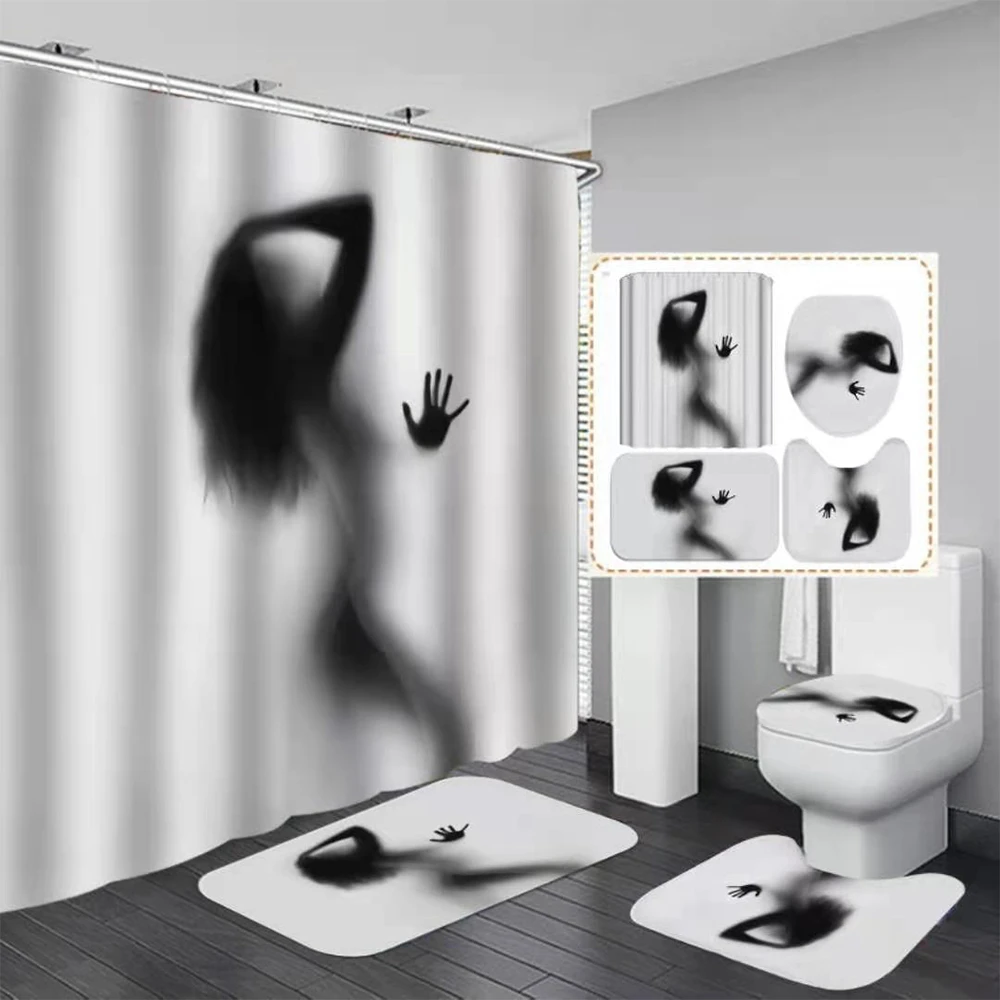 Naked Girl Shower Curtain Bathroom Rug Set Bath Mat Non-Slip Toilet Lid Cover