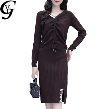 

2020 Fall Knitting Ribbed Fashion Women Two Piece Sets Long Sleeve Casual Work Wear Bodycon Outfits 2 Piece Set for Women Cloth