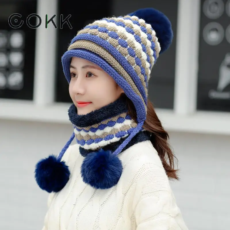 

COKK Pompom Collars Sets For Women Velvet Thickening Set Knitted Hat With Scarf Windproof Ear Protection Keep Warm 2019 Winter