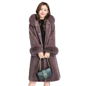 

Faux fur coat women 19 winter new hooded black green plus size loose long sleeve plus thick warmth long tops faux fur coat LR726