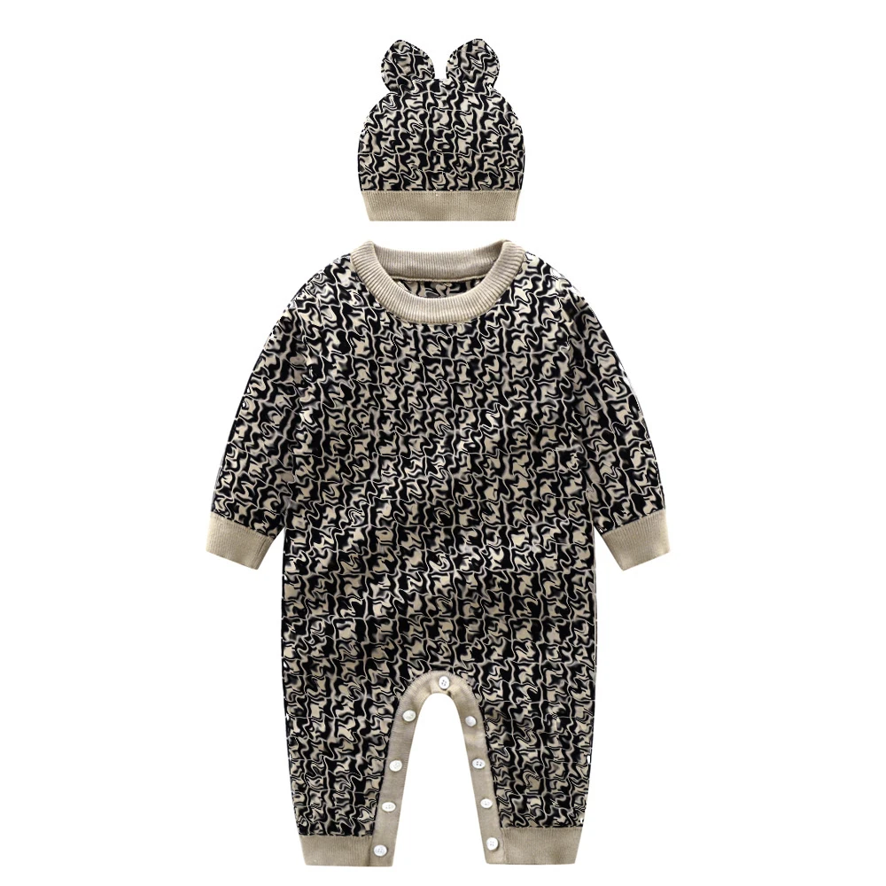 

2020 Autumn fashion newborn Baby winter clothes Brand warm knit sweater brown stripe letter toddler boy girls Romper and hat set
