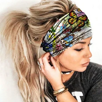 

Vintage Headband with Button Women Fashion Print Elastic Hair Bands Stretch Mask Holder Yoga Hairband Sport Hair Accessories