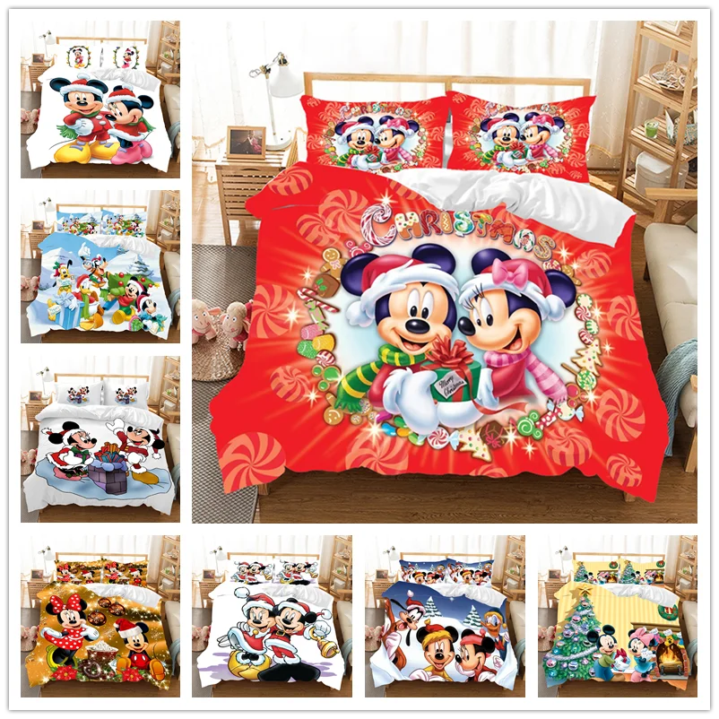 Red Christmas Mickey Minnie Bedding Set Duvet Cover Pillowcase Children