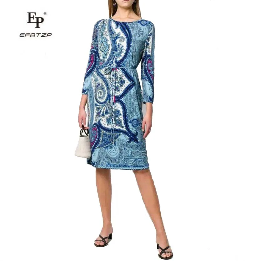 

EFATZP New Spandex Geometric Print Dress Women's Casual Fashion Elastic Slim Knitting Silk Jersey Dress Free Belt