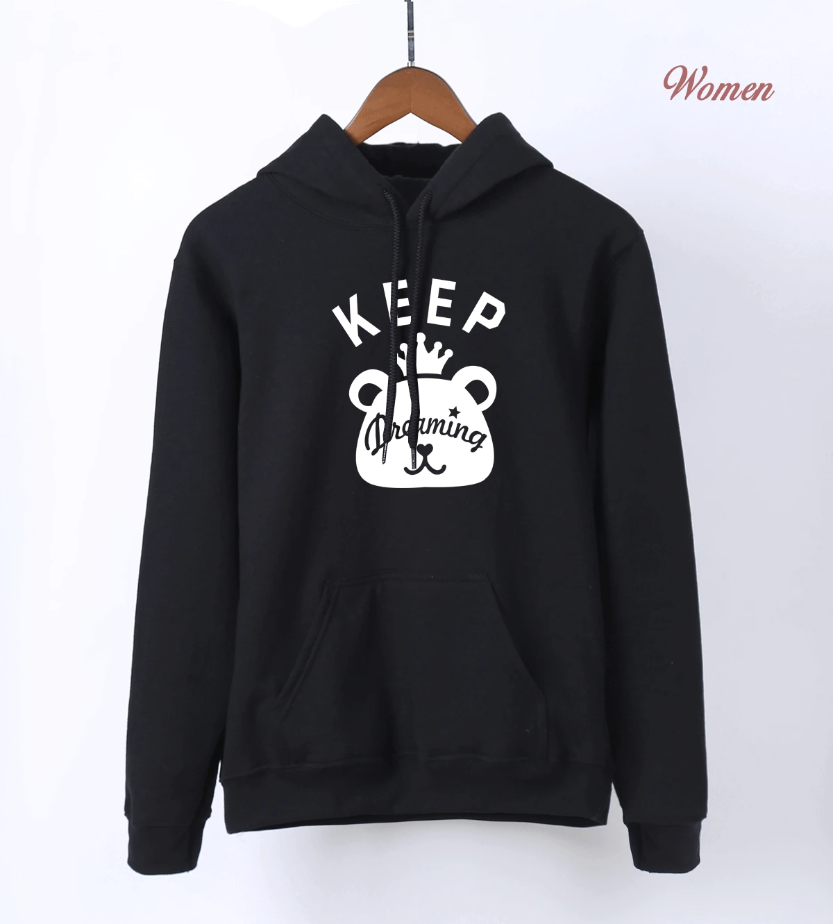 Keep Dreaming Kawaii толстовки с принтом медведя весна осень женские Kpop Толстовки синий теплый флис Harajuku худи - Цвет: Черный