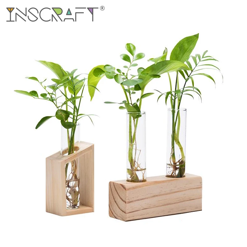 

Crystal Glass Double Test Tube Vase in Wooden Stand Desktop Terrarium Flower Pots for Hydroponic Plants Office Home Decoration