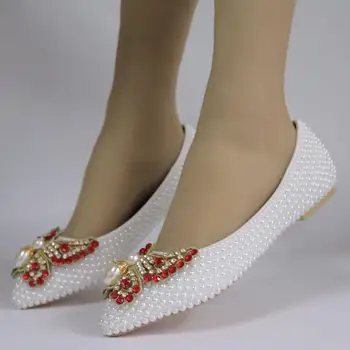 

White flat bridesmaid bridal wedding shoes fashion women's shoes handmade pearl pregnant women shallow mouth large size shoes