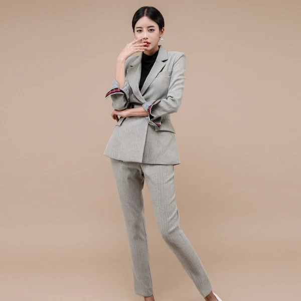 Для женщин 2 шт Бизнес костюм с блейзером комплект Slim Fit профессиональный женский с длинным рукавом брючные костюмы, модная, для девушек, для офиса, Повседневная обувь - Цвет: Серый
