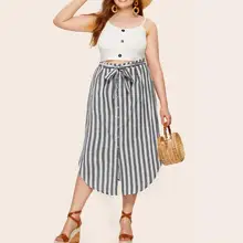 Большие размеры Женская мода Повседневная пляжная зашнуровать в полоску с карманами элегантная миди Талия Макси юбка миди SS3M