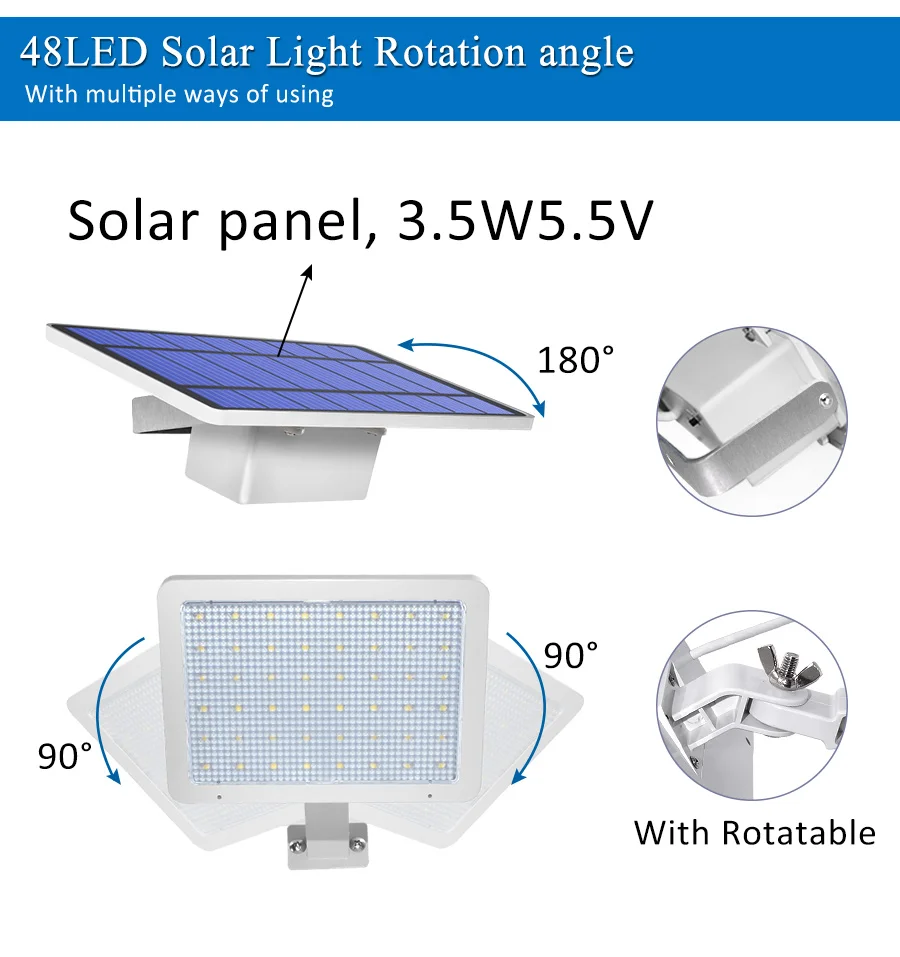 Solar com Ângulo de Iluminação de Segurança para Jardim ao ar Luz da Noite Lâmpada Solar Leds Luz Ajustável Livre Parede Quintal 800lm 48 8 com ângulo de iluminação ajustável iluminação de