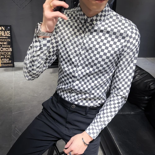 Black White plaid Высококачественная Мужская рубашка, роскошная клетчатая Повседневная рубашка с длинным рукавом, мужские деловые рубашки, приталенные вечерние рубашки - Цвет: Black White plaid