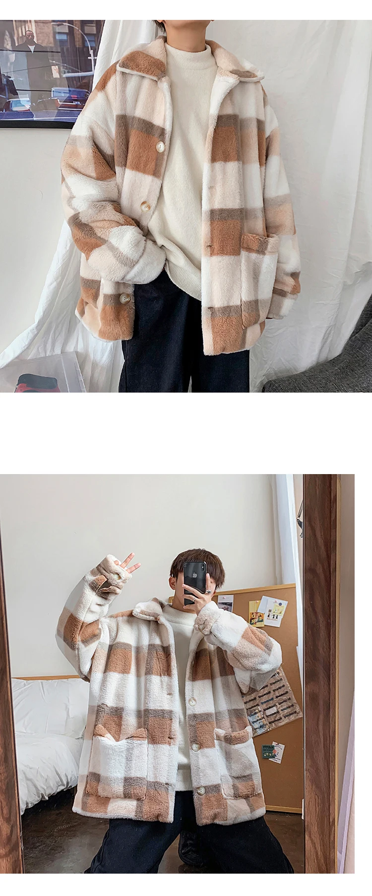 Winter Thick Plaid Coat Men's Warm Parka Men Fashion Casual Couple Coat Street Wild Loose Lapel Cotton Jackets Male Clothes