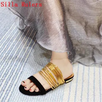 

New Glod Thin Strappy Women Sandals Slippers Flats Gold Black Suede Gladiator Sandals Women Slides Shoes Woman Sandalias Mujer