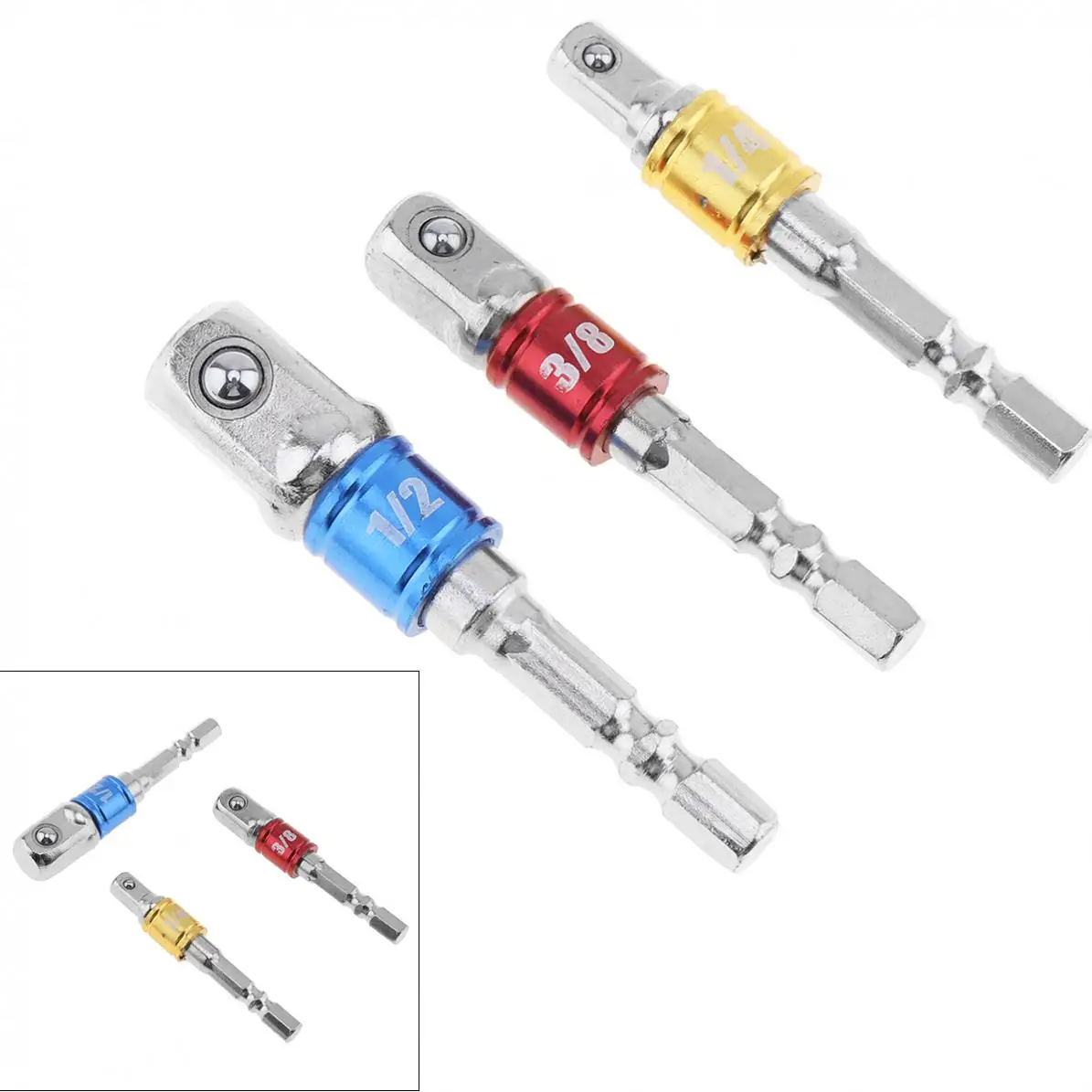 3pcs Color Hex Shank Socket Extension Conversion Adapter with 1/4&quot 3/8&quot 1/2&quot Square Head for Drill Bits Power Tool |