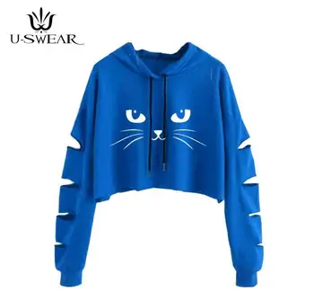 

Spring and Autumn Hooded Cat Face Print Short Sweater Coat Pullover Coat Jumper Hoodie Sweatshirt Women Tops Loose Casual