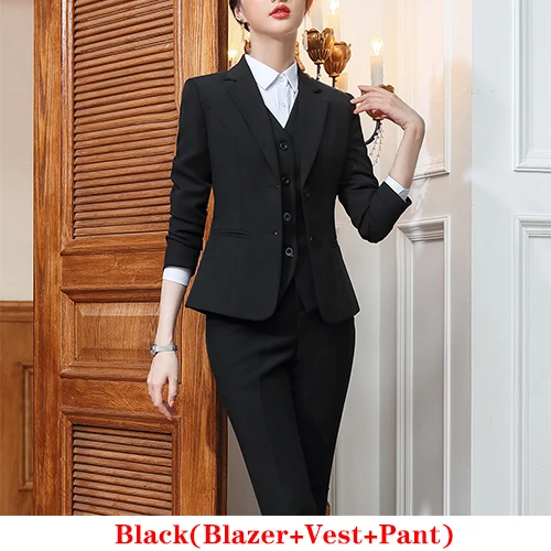 Black Pant Suit Vest Blazer and trouser 3 Pieces Set Women Pant Suits Office Lady Formal Business Work Career Set Suits Uniform Designs 5XL - Color: Black Pant Suit