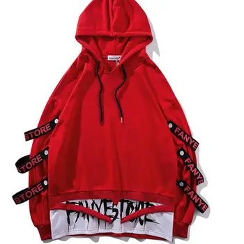 

Hoodies Men Fake 2 Pieces Ribbons Hooded High Street Pullover Sweatshirt Men Fashion Hip Hop Streetwear Hoodie Autumn